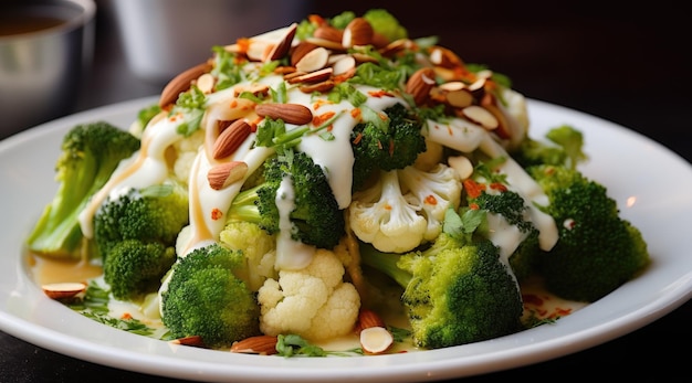 Salada fresca de brócolis e couve-flor com molho Tahini no prato