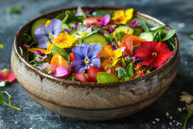 Foto salada fresca de legumes de primavera decorada com flores comestíveis