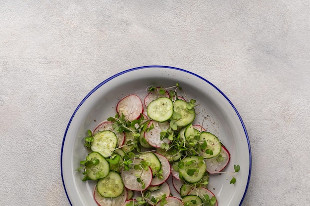 Salada fresca de pepino de rabanete e microgreens em uma placa plana sobre um fundo claro com espaço de cópia
