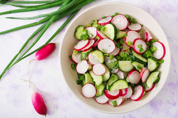 Salada fresca de pepinos, rabanetes e cebola verde. lay plana. vista do topo