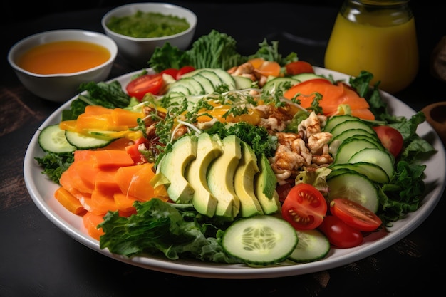 Foto salada fresca e vibrante repleta de núcleos e texturas generativa ia