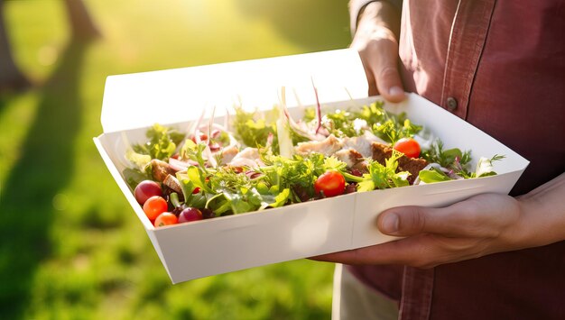 Salada fresca em uma caixa nas mãos de um jovem