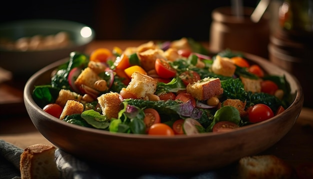 Salada fresca na opção de almoço saudável de placa de madeira gerada por IA