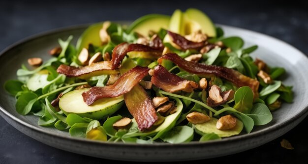 Salada fresca y sabrosa con tocino y aguacate