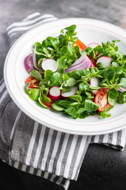 Foto salada fresca tomate, rabanete, cebola, alface mache, folhas verdes lanche vegetal refeição saudável comida