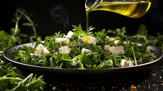 salada fresca verde com queijo rúcula e azeite generativo ai