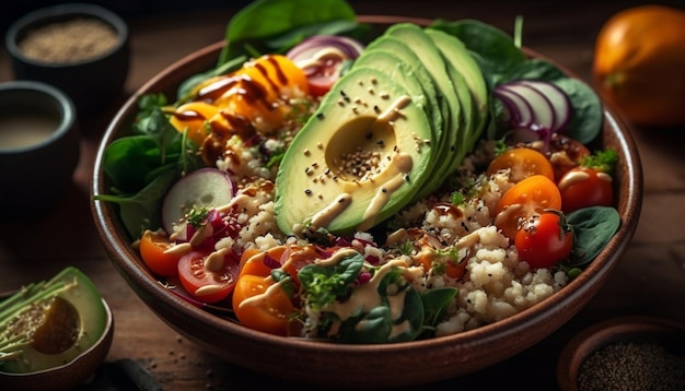 Salada gourmet saudável com ingredientes orgânicos frescos gerados por IA