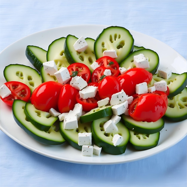 Salada grega com pepinos tomates e queijo feta no fundo branco