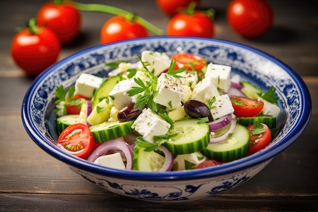 Salada grega com queijo feta e azeite de oliva no prato comida grega saudável