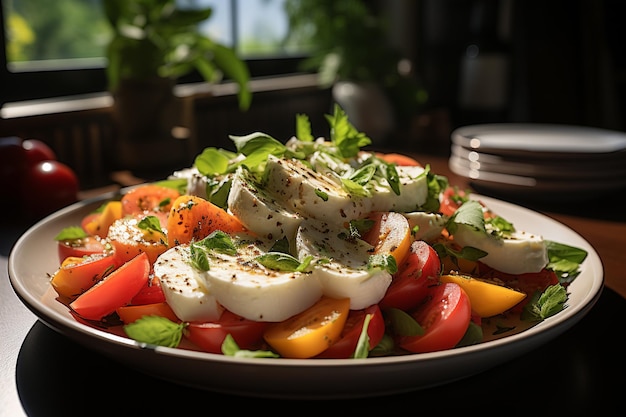 Salada grega com queijo feta, manjericão e azeite de oliva num restaurante