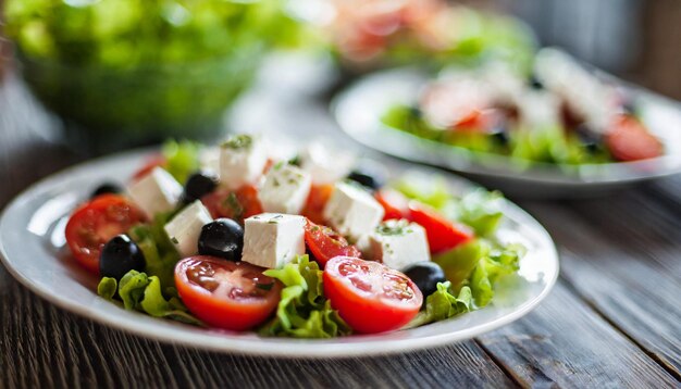 Salada grega com tomates maduros e queijo feta cremoso que apresenta a essência da culinária mediterrânica