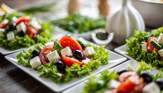 Salada grega com tomates maduros e queijo feta cremoso que apresenta a essência da culinária mediterrânica
