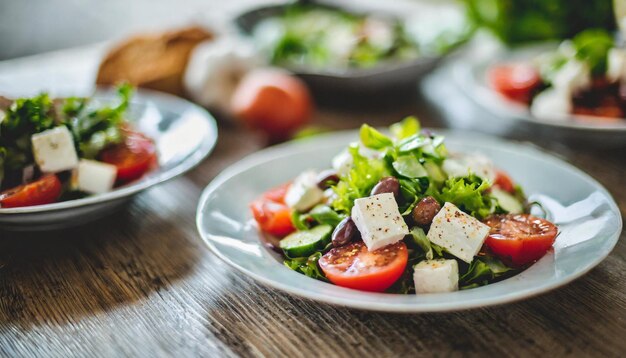 Salada grega com tomates maduros e queijo feta cremoso que apresenta a essência da culinária mediterrânica