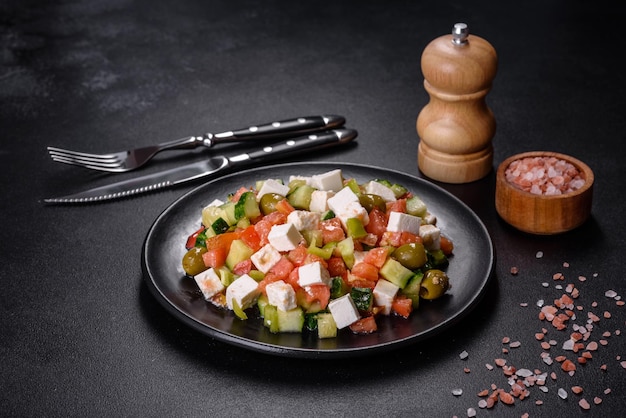 Salada grega com tomates suculentos queijo feta alface azeitonas verdes pepino cebola roxa e salsa fresca