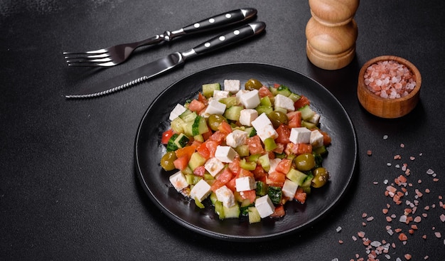 Salada grega com tomates suculentos queijo feta alface azeitonas verdes pepino cebola roxa e salsa fresca