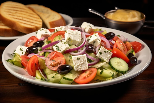 Salada grega com uma fatia de pão fresco ao lado