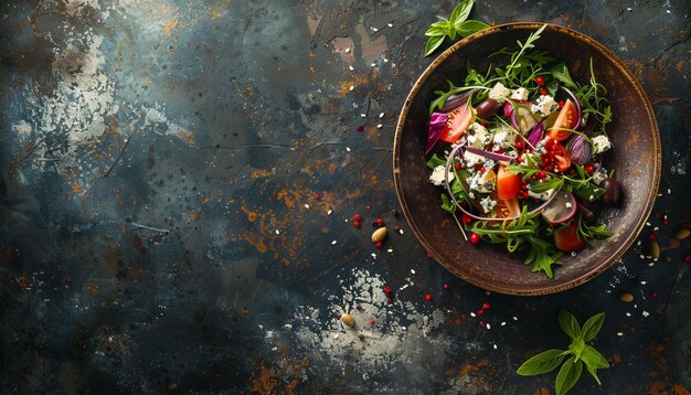 Salada grega com vegetais frescos queijo feta e azeitonas Vista superior em estilo rústico Lugar para adicionar te