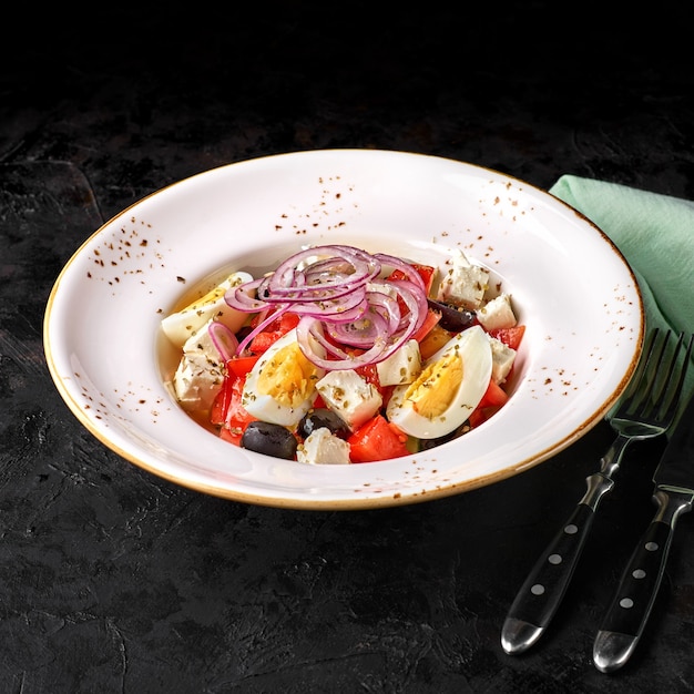 Salada grega, salada de legumes com ovo cozido, queijo feta e azeitonas. foco seletivo. cardápio