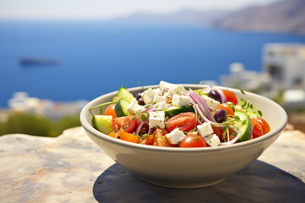 Salada grega servida com um lado de cordeiro grelhado