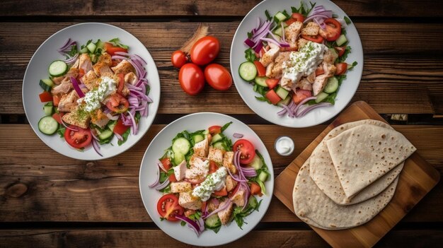 Salada grega souvlaki frita e tzatziki em mesa de madeira