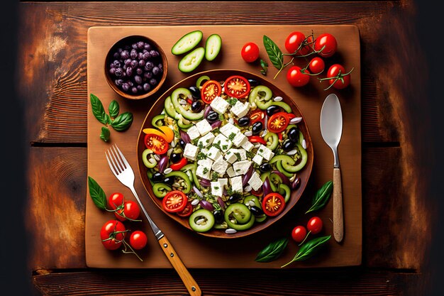 Salada grega tradicional com azeitonas de queijo feta e vegetais frescos comida saudável um pano de fundo de madeira uma vista superior