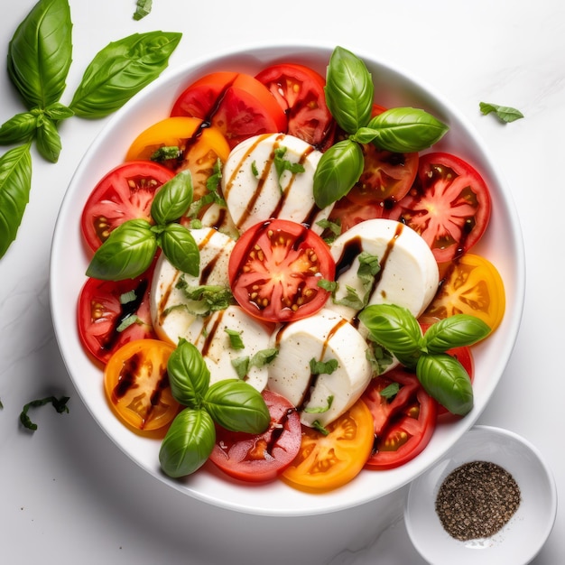 Salada italiana de caprese fresca e colorida em fundo branco gerada por IA