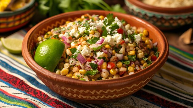 Salada de maíz de frijol negro vibrante y fresca en un cuenco rústico