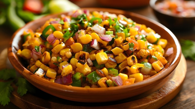 Salada de maíz de frijol negro vibrante y fresca en un cuenco rústico