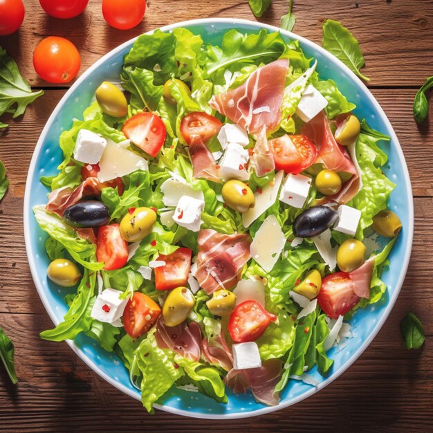 Foto salada mediterrânea de frescura de verão com alface, azeitonas, tomates, prosciutto e queijo para soci