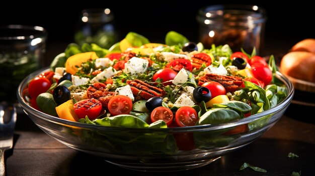 Salada mista em uma tigela de vidro em um fundo preto