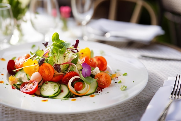 Salada mista fresca e colorida com variedade de legumes servida em prato branco