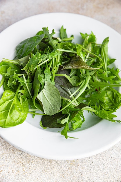 salada misture folhas verdes misture micro verde, lanche saudável e suculento na mesa copie o espaço alimentar