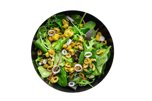 salada mix verde azeitona folhas de alface prato de vegetais refeição saudável comida lanche na mesa copie o espaço