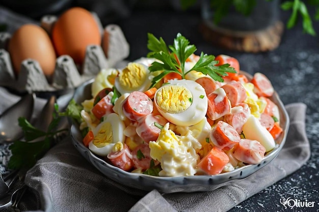 Salada Olivier salada tradicional russa com vegetais cozidos ovos de salsicha e maionese