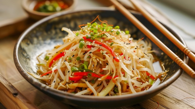 Salada picante de brotes de frijol mung Kongnamul Muchim listo para comer con palillos Generativo Ai