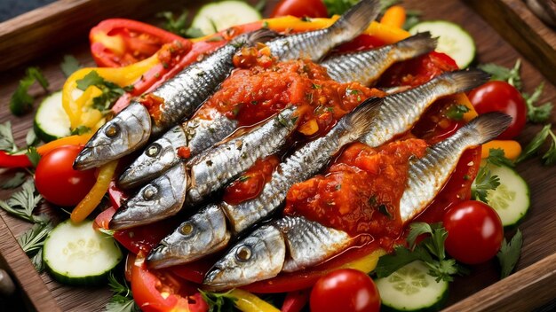 Foto salada picante de sardinha em molho de tomate em bandeja de madeira