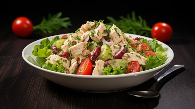 Foto salada de pollo clásica sobre un fondo blanco