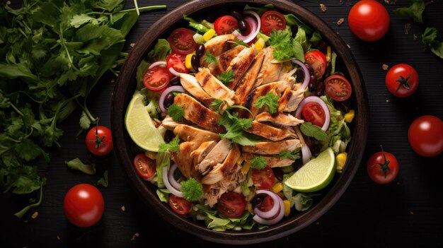 Foto salada de pollo tostado mexicano en un cuenco negro en la vista de la mesa