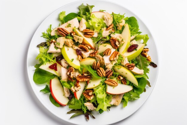 Foto salada de pollo waldorf vibrante con manzanas frescas, apio crujiente, nueces y nueces