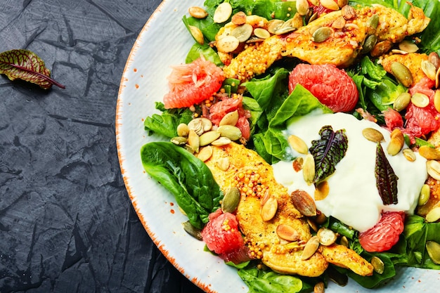 Salada primavera de peito de frango e frutas cítricas