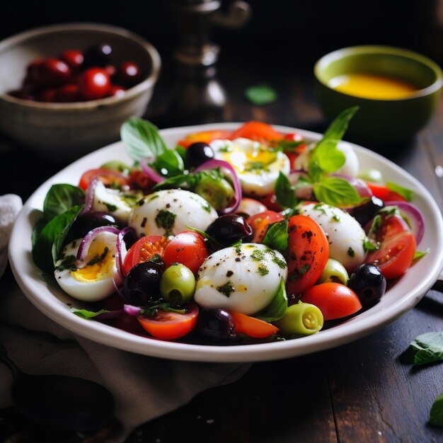 Foto salada ptes tomates cerises azeitonas noires concombres cenouras cebolas rouges poivrons rtis