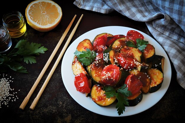 Salada quente com abobrinha e tomate cereja