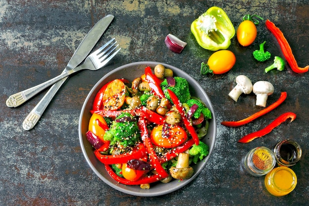 Salada quente com brócolis, cogumelos e pimentão vermelho. tigela vegetariana com legumes quentes em um elegante fundo gasto. comida saudável. almoço de fitness com cogumelos e legumes.