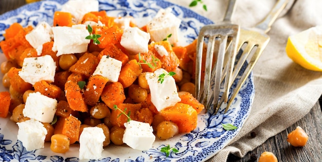 Salada quente de abóbora, grão de bico e queijo feta no fundo de madeira velho. foco seletivo.