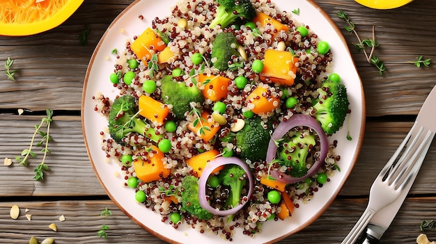 Salada quente vegetariana de quinoa e brócolis com abóbora ou abóbora assada