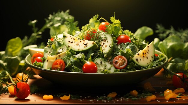 Salada saborosa em um prato e um garfo sobre fundo verde