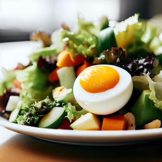 Salada saudável com ovo num prato branco