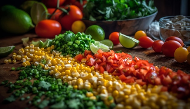 Salada saudável fresca com vegetais orgânicos em uma mesa de madeira gerada por inteligência artificial
