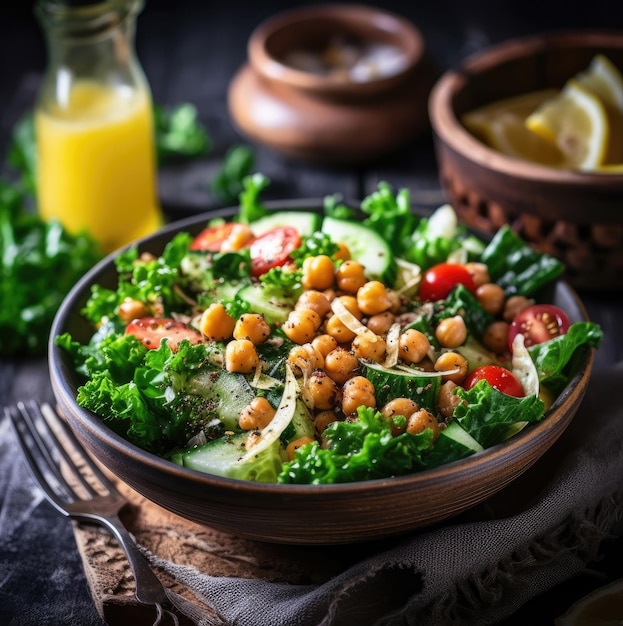 Salada saudável fresca de conceito de comida vegana com grão de bico