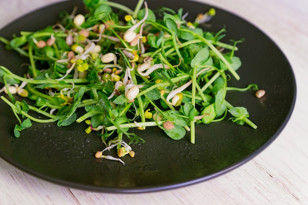 Salada saudável vegan feita de brotos de ervilhas microgreen e feijão brotado em fundo de madeira.